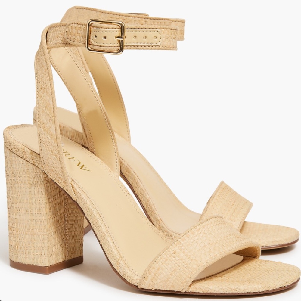 J. Crew | raffia woven block heel sandal natural ankle strap